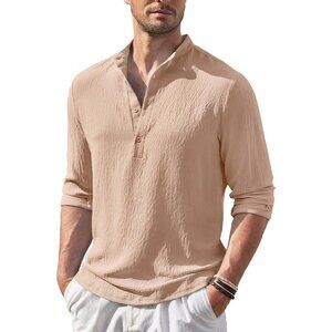 Men's Khaki Casual Henley Shirt Band Collar Long Sleeve Shirt Beach Hippie